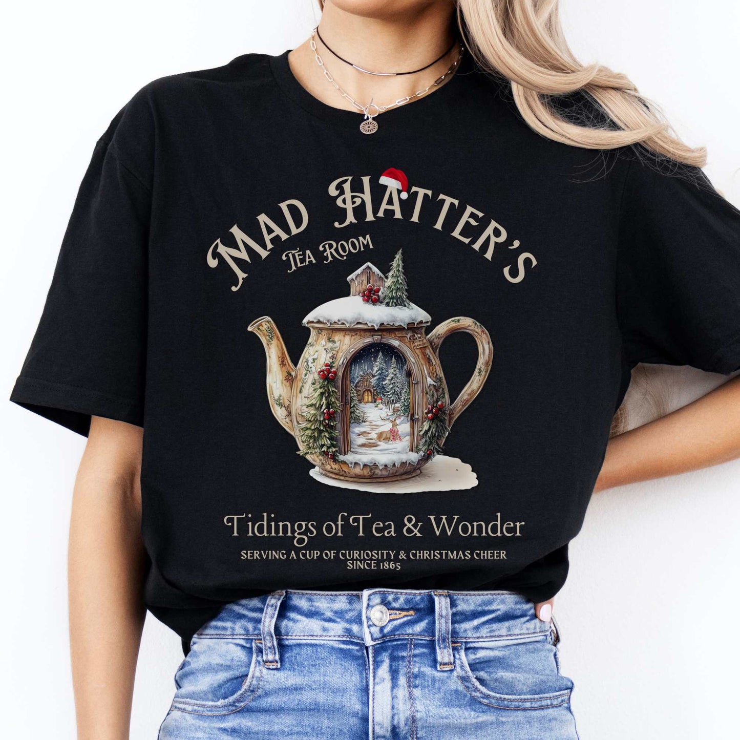 Mad Hatter's Tea Room Christmas Edition Tee Black / S T-Shirt The Mystic Eden Bookish Book Lovers