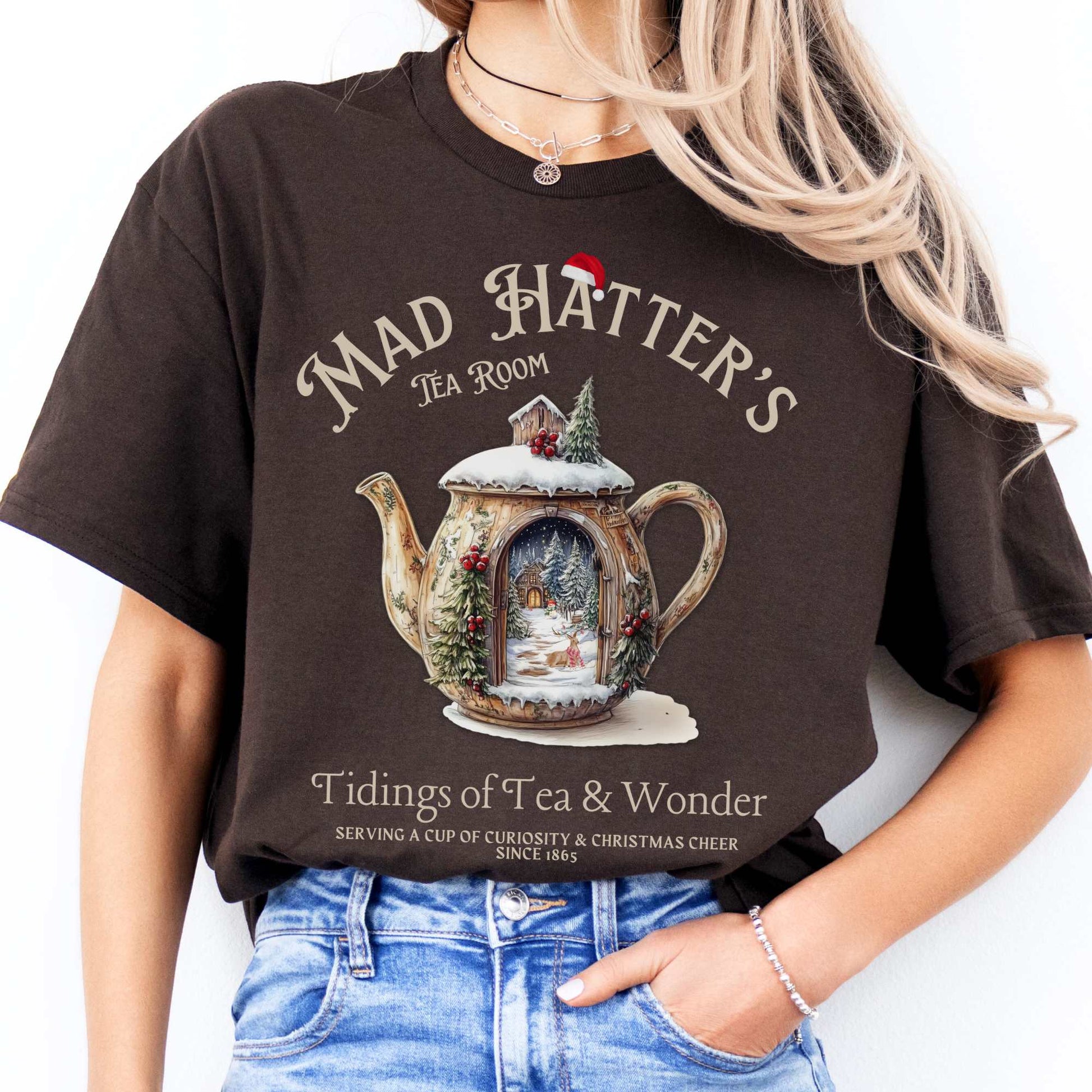 Mad Hatter's Tea Room Christmas Edition Tee Dark Chocolate / S T-Shirt The Mystic Eden Bookish Book Lovers