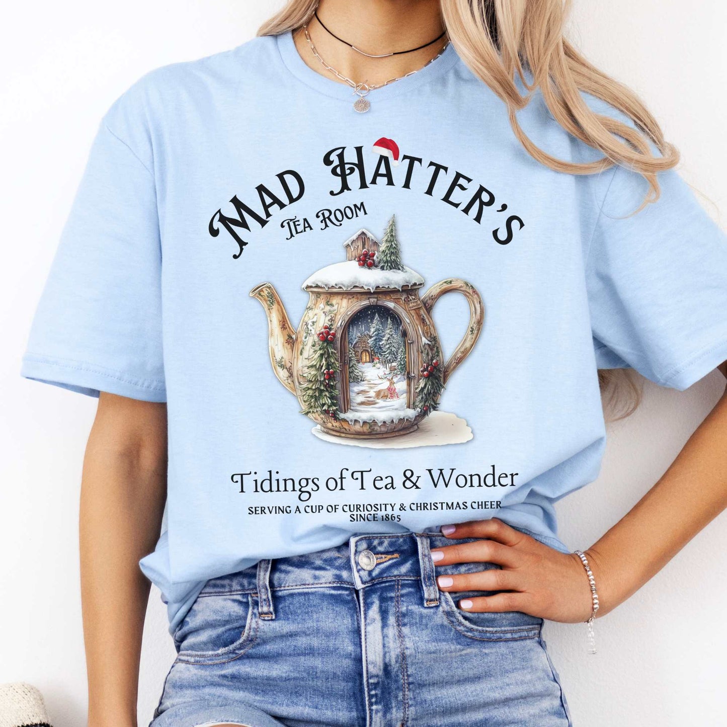 Mad Hatter's Tea Room Christmas Edition Tee Light Blue / S T-Shirt The Mystic Eden Bookish Book Lovers