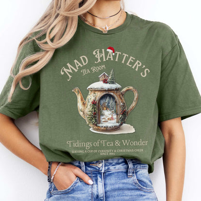 Mad Hatter's Tea Room Christmas Edition Tee Military Green / S T-Shirt The Mystic Eden Bookish Book Lovers