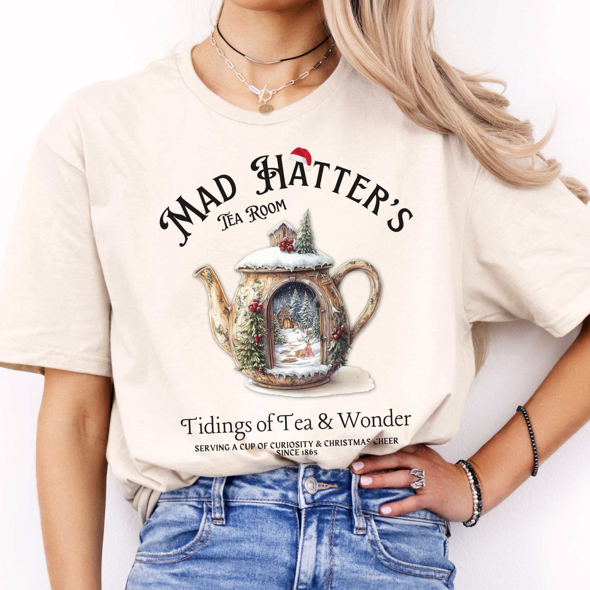 Mad Hatter's Tea Room Christmas Edition Tee Natural / S T-Shirt The Mystic Eden Bookish Book Lovers
