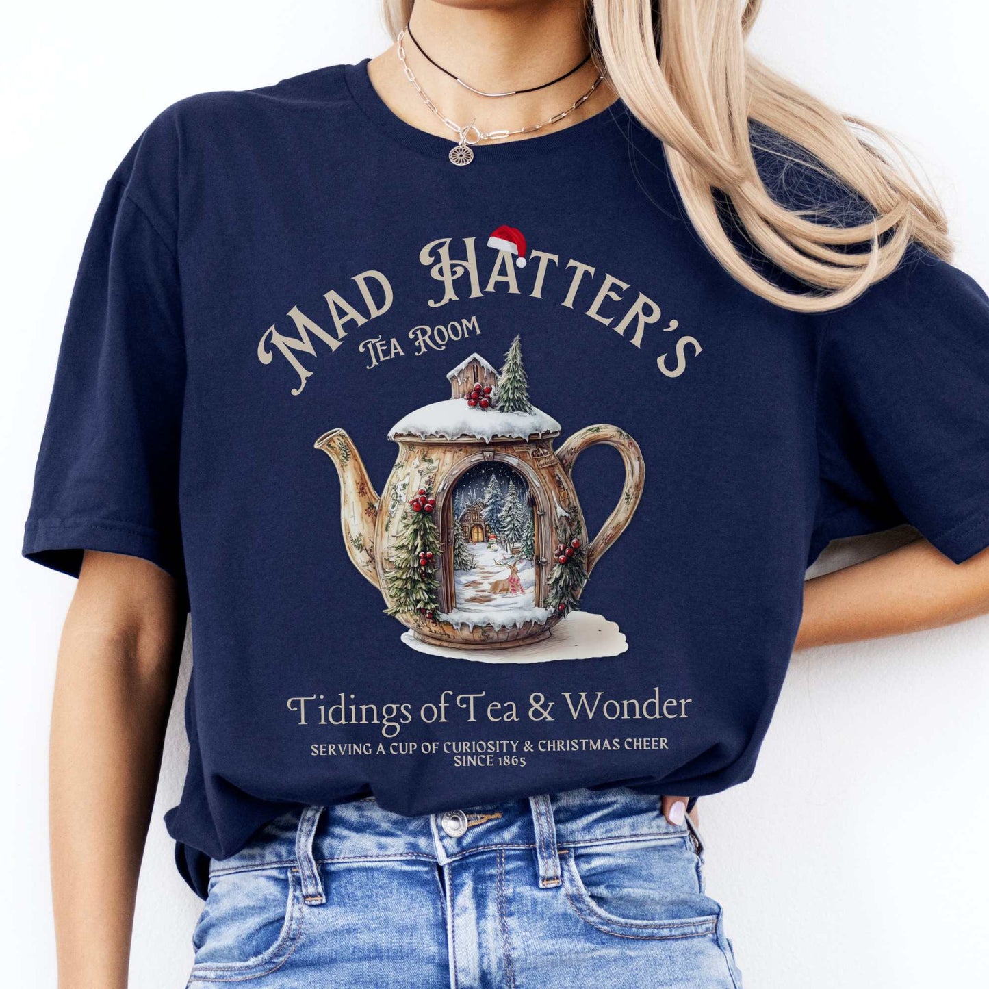 Mad Hatter's Tea Room Christmas Edition Tee Navy / S T-Shirt The Mystic Eden Bookish Book Lovers