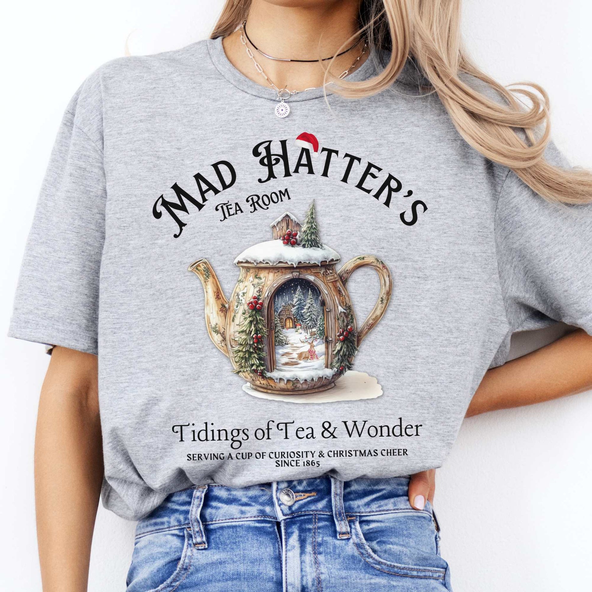 Mad Hatter's Tea Room Christmas Edition Tee Sport Grey / S T-Shirt The Mystic Eden Bookish Book Lovers