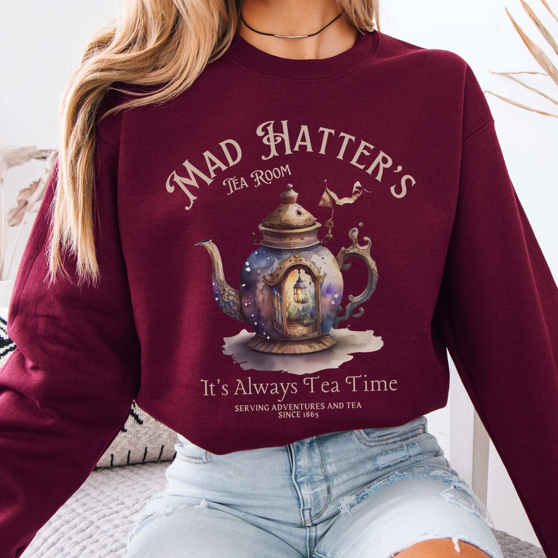 Mad Hatters Tea Room Sweatshirt Alice in Wonderland Sweater Maroon / S Sweatshirt The Mystic Eden Bookish Book Lovers