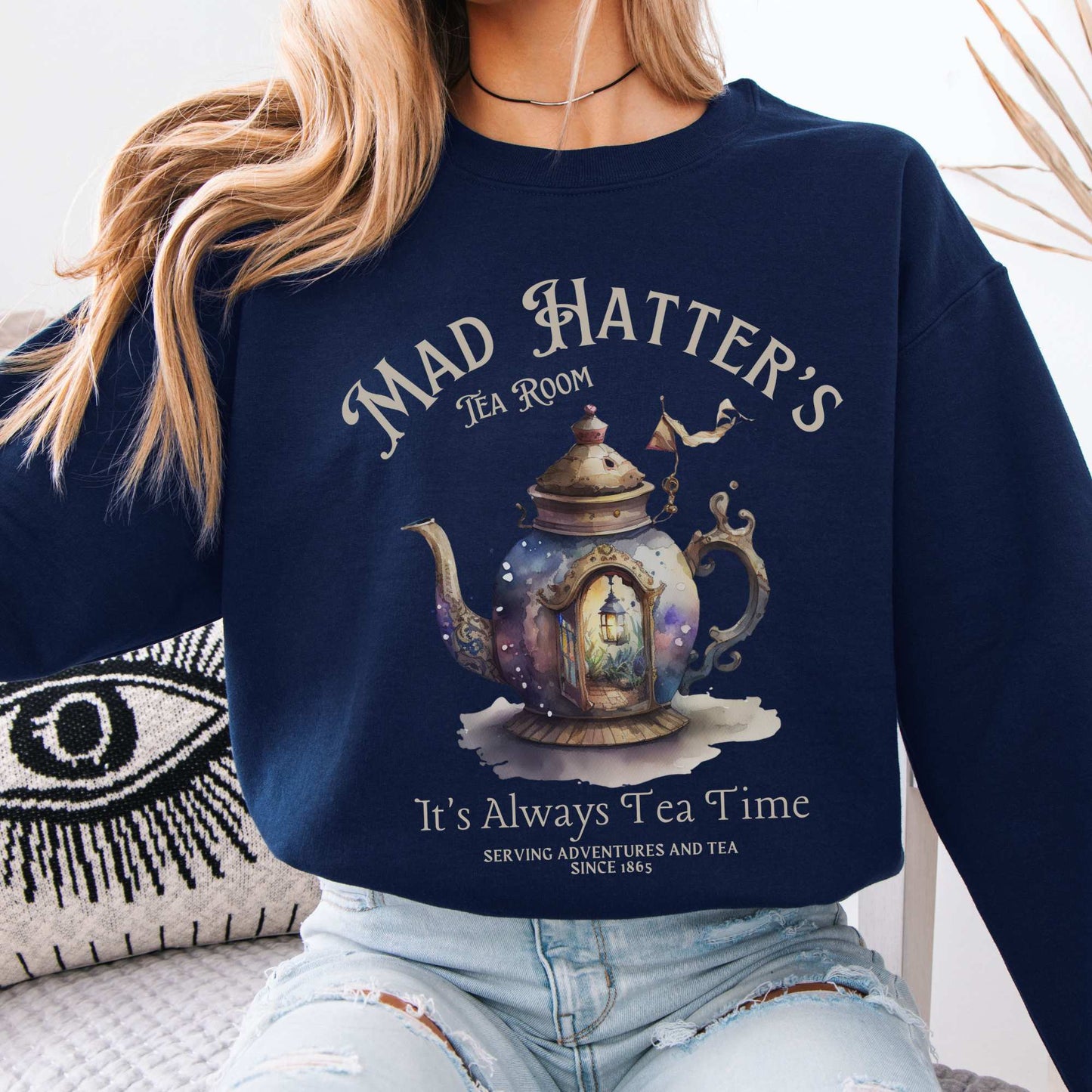 Mad Hatters Tea Room Sweatshirt Alice in Wonderland Sweater Navy / S Sweatshirt The Mystic Eden Bookish Book Lovers