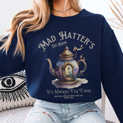 Mad Hatters Tea Room Sweatshirt Alice in Wonderland Sweater Navy / S Sweatshirt The Mystic Eden Bookish Book Lovers