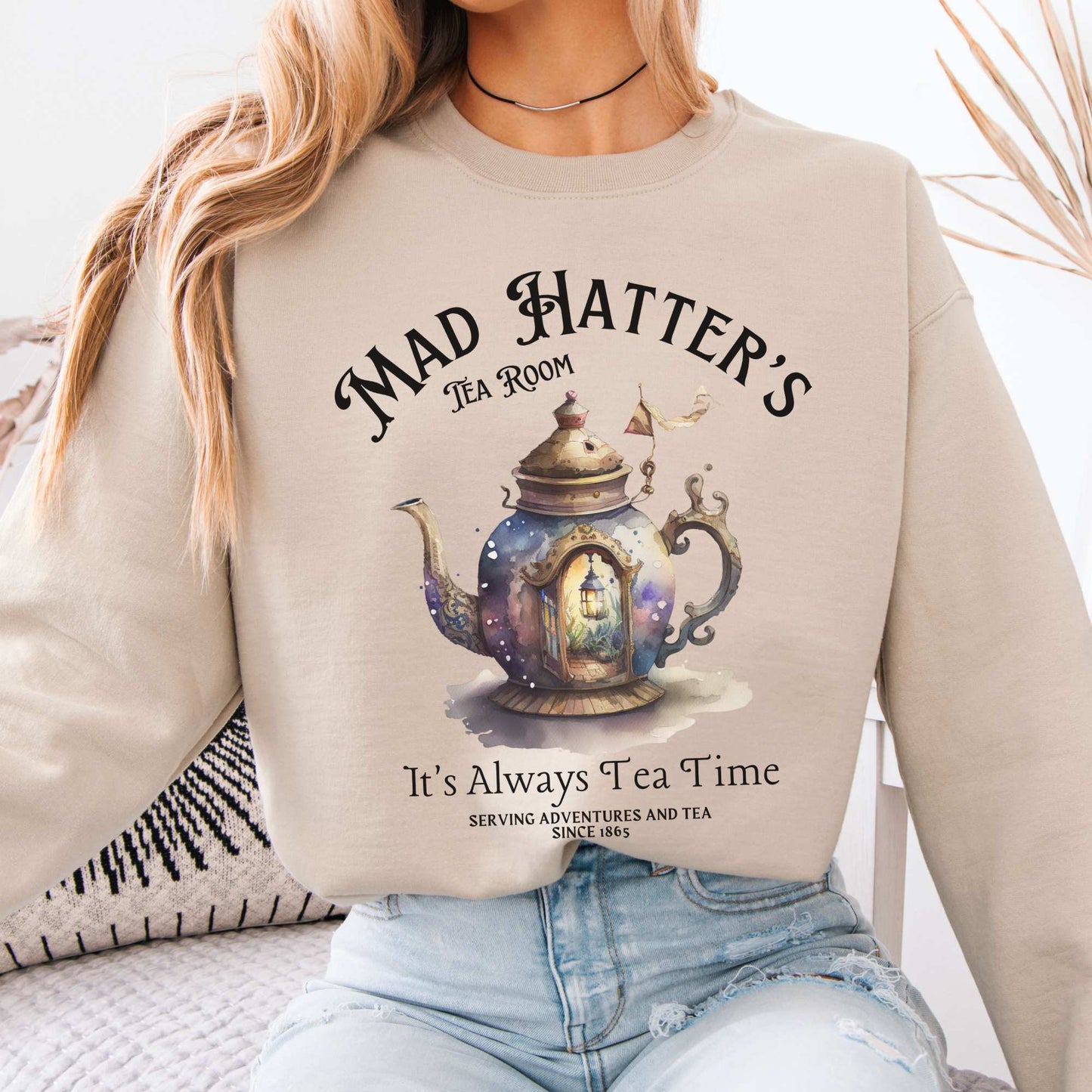 Mad Hatters Tea Room Sweatshirt Alice in Wonderland Sweater Sand / S Sweatshirt The Mystic Eden Bookish Book Lovers