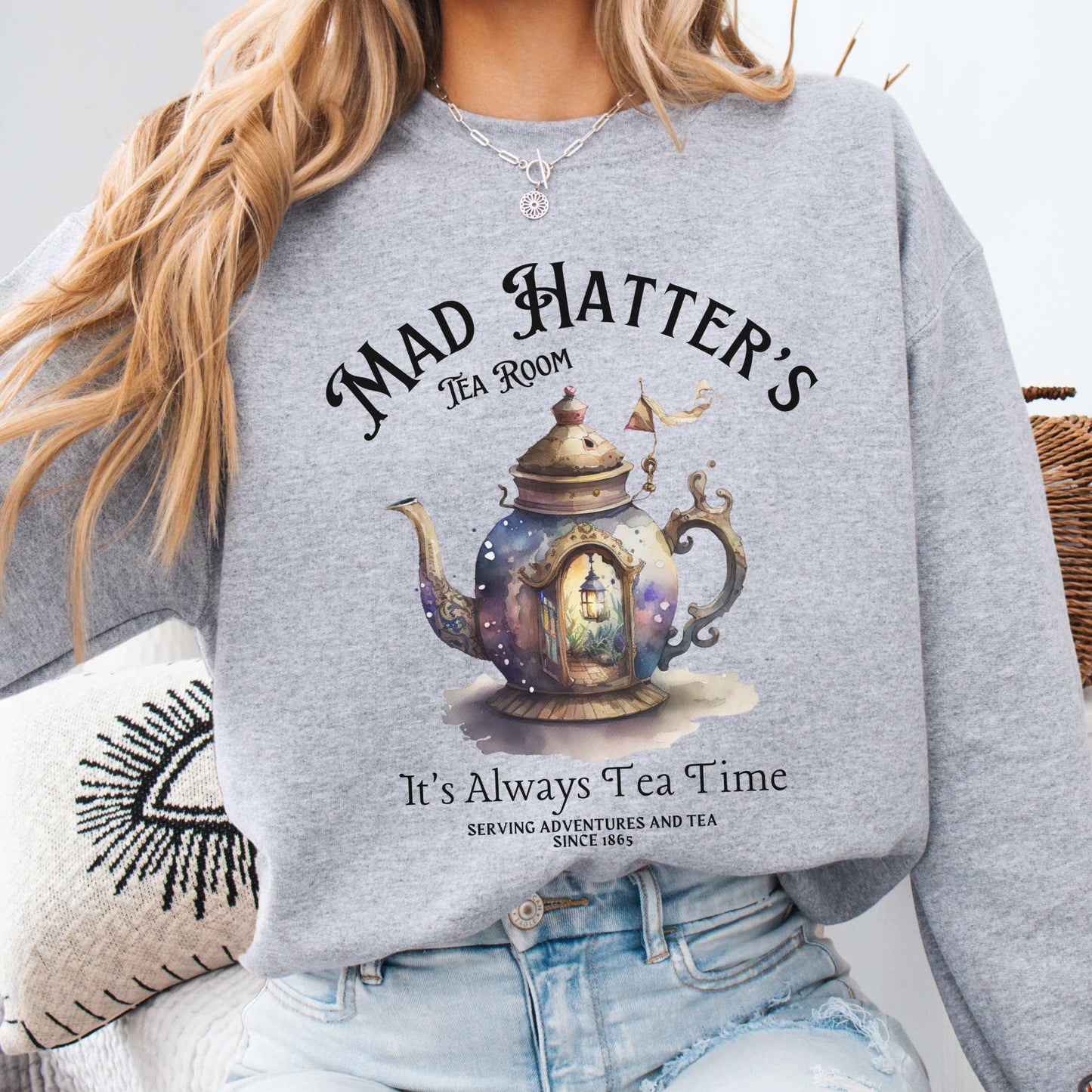 Mad Hatters Tea Room Sweatshirt Alice in Wonderland Sweater Sport Grey / S Sweatshirt The Mystic Eden Bookish Book Lovers