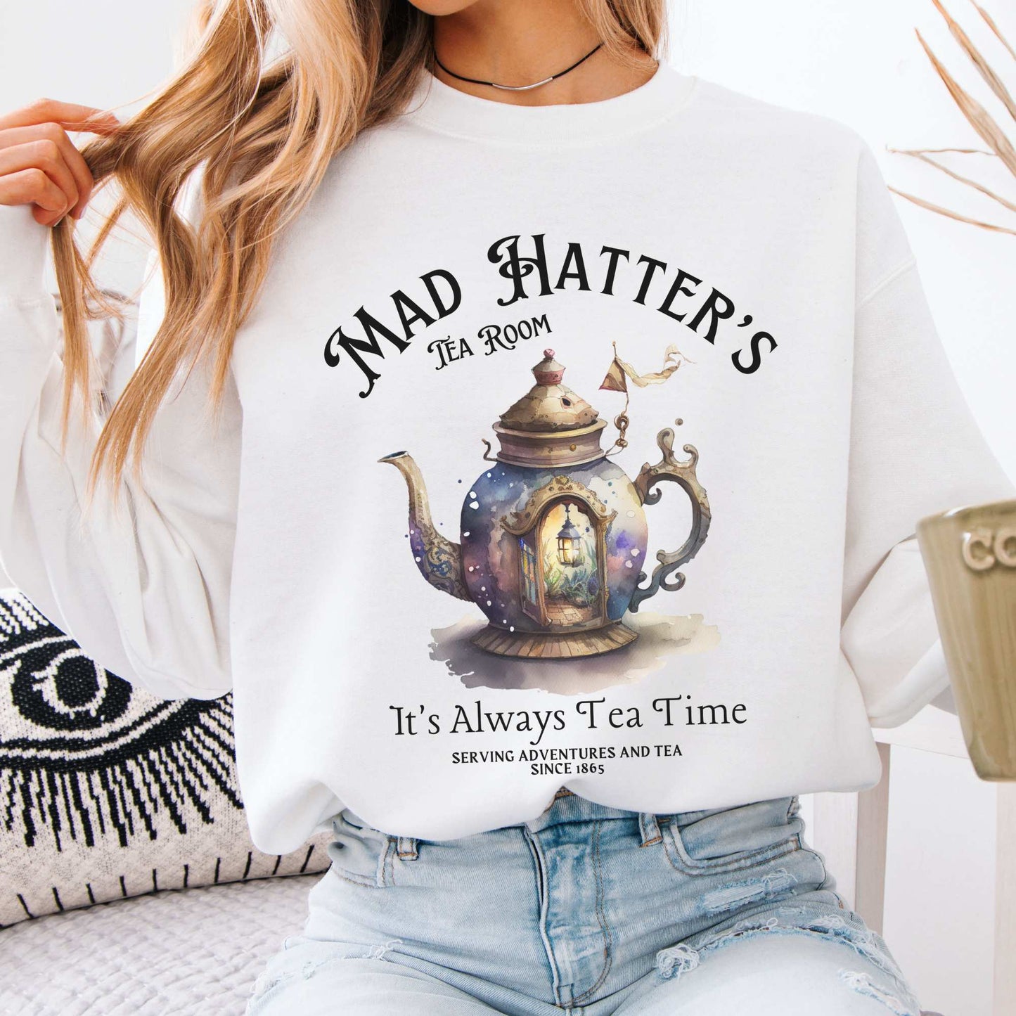 Mad Hatters Tea Room Sweatshirt Alice in Wonderland Sweater White / S Sweatshirt The Mystic Eden Bookish Book Lovers