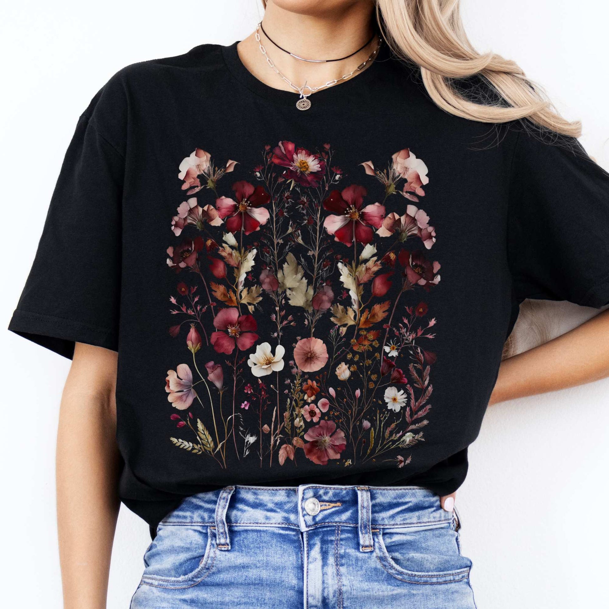 Maroon Pressed Flowers Shirt Black / S T-Shirt The Mystic Eden Bookish Book Lovers