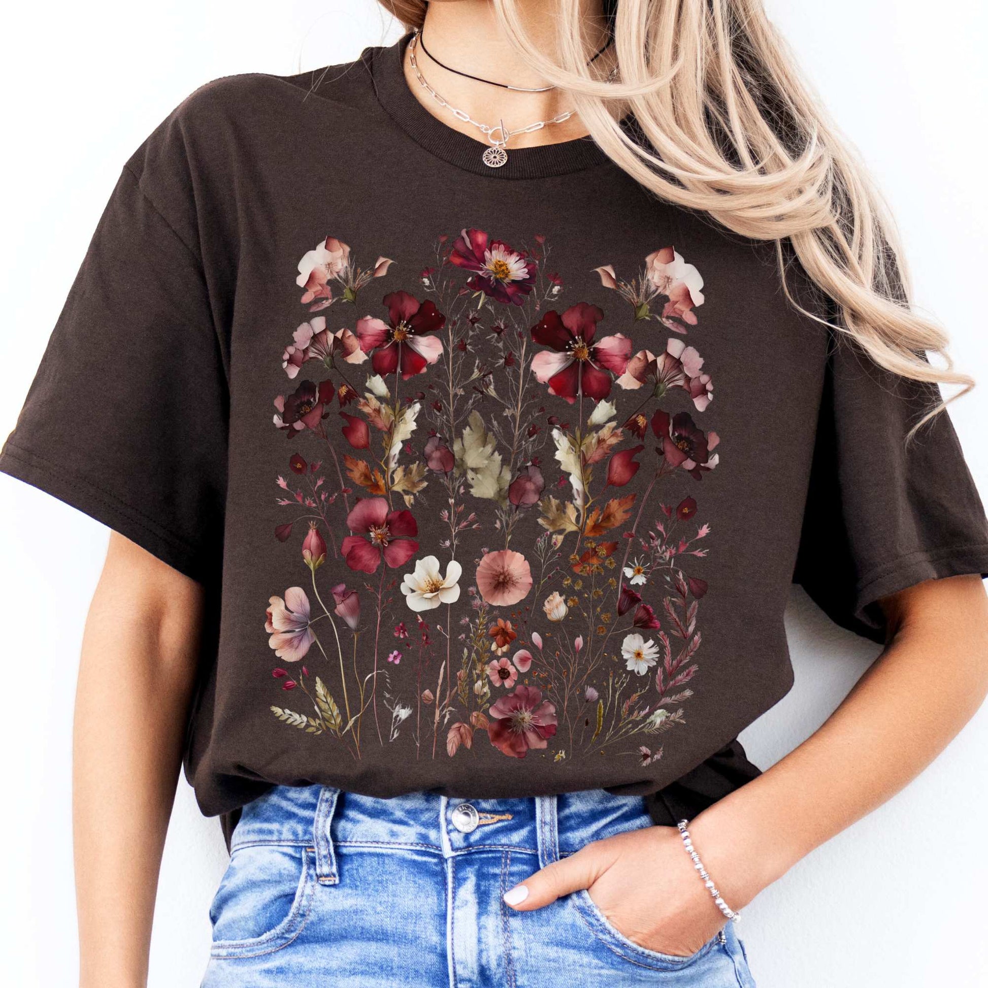 Maroon Pressed Flowers Shirt Dark Chocolate / S T-Shirt The Mystic Eden Bookish Book Lovers