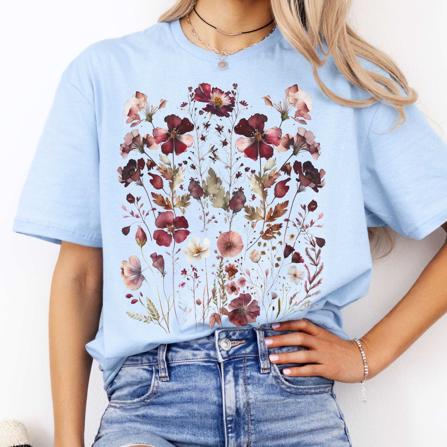 Maroon Pressed Flowers Shirt Light Blue / S T-Shirt The Mystic Eden Bookish Book Lovers