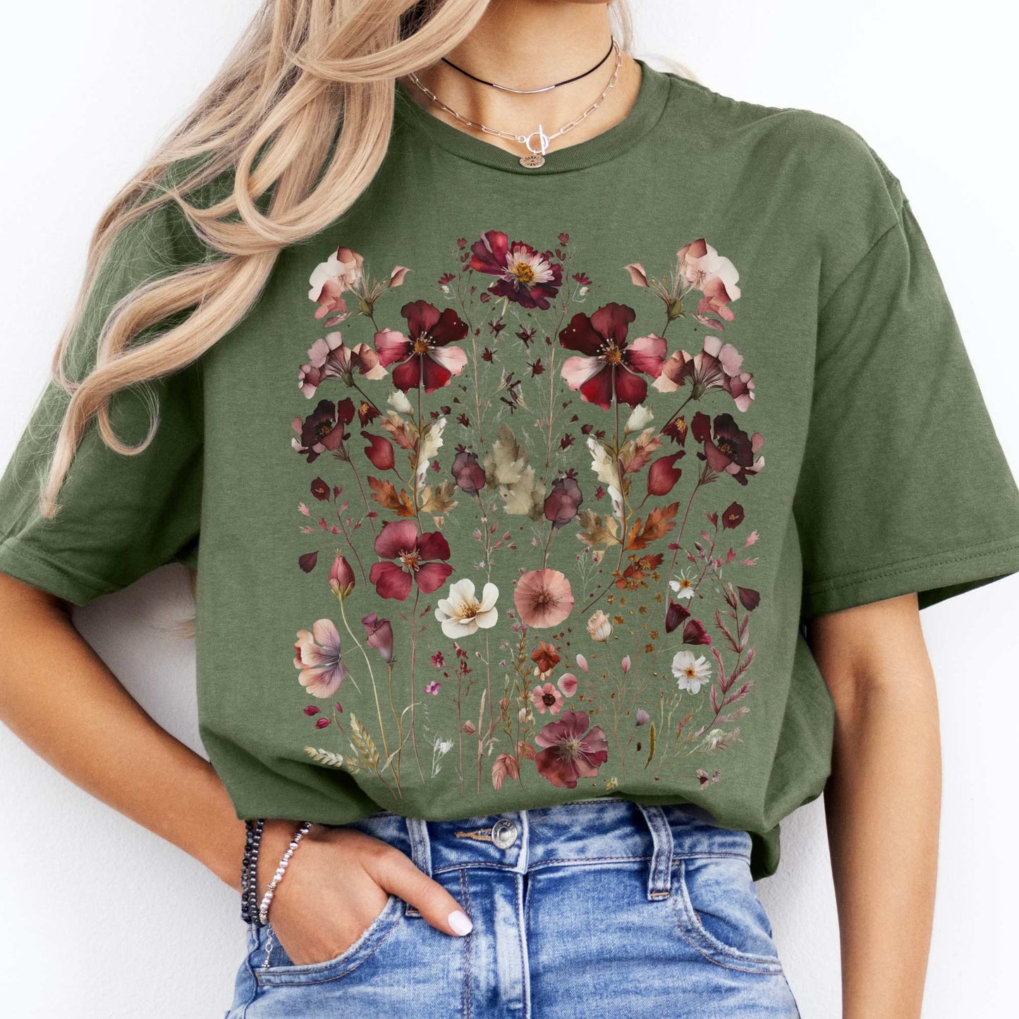 Maroon Pressed Flowers Shirt Military Green / S T-Shirt The Mystic Eden Bookish Book Lovers
