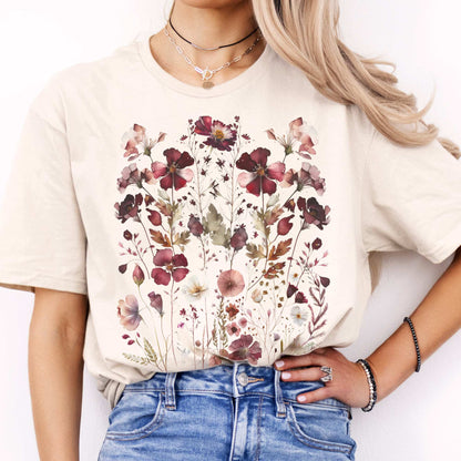 Maroon Pressed Flowers Shirt Natural / S T-Shirt The Mystic Eden Bookish Book Lovers