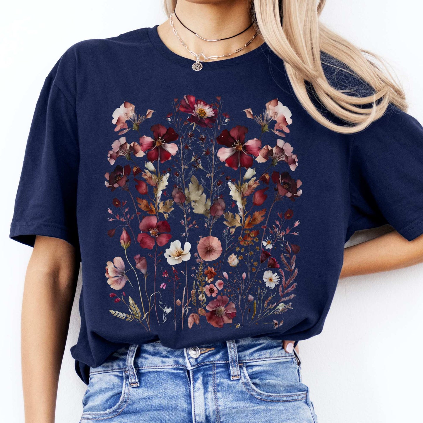 Maroon Pressed Flowers Shirt Navy / S T-Shirt The Mystic Eden Bookish Book Lovers