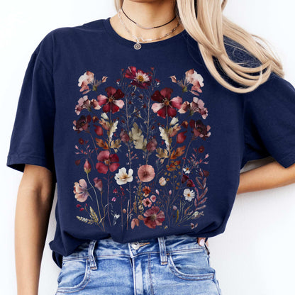 Maroon Pressed Flowers Shirt Navy / S T-Shirt The Mystic Eden Bookish Book Lovers