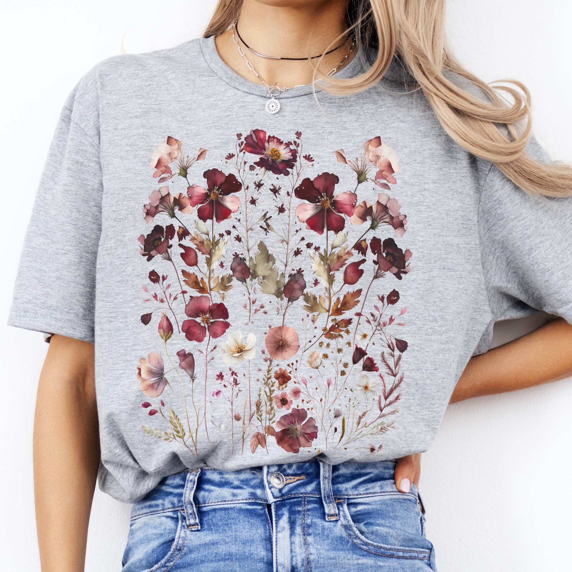 Maroon Pressed Flowers Shirt Sport Grey / S T-Shirt The Mystic Eden Bookish Book Lovers