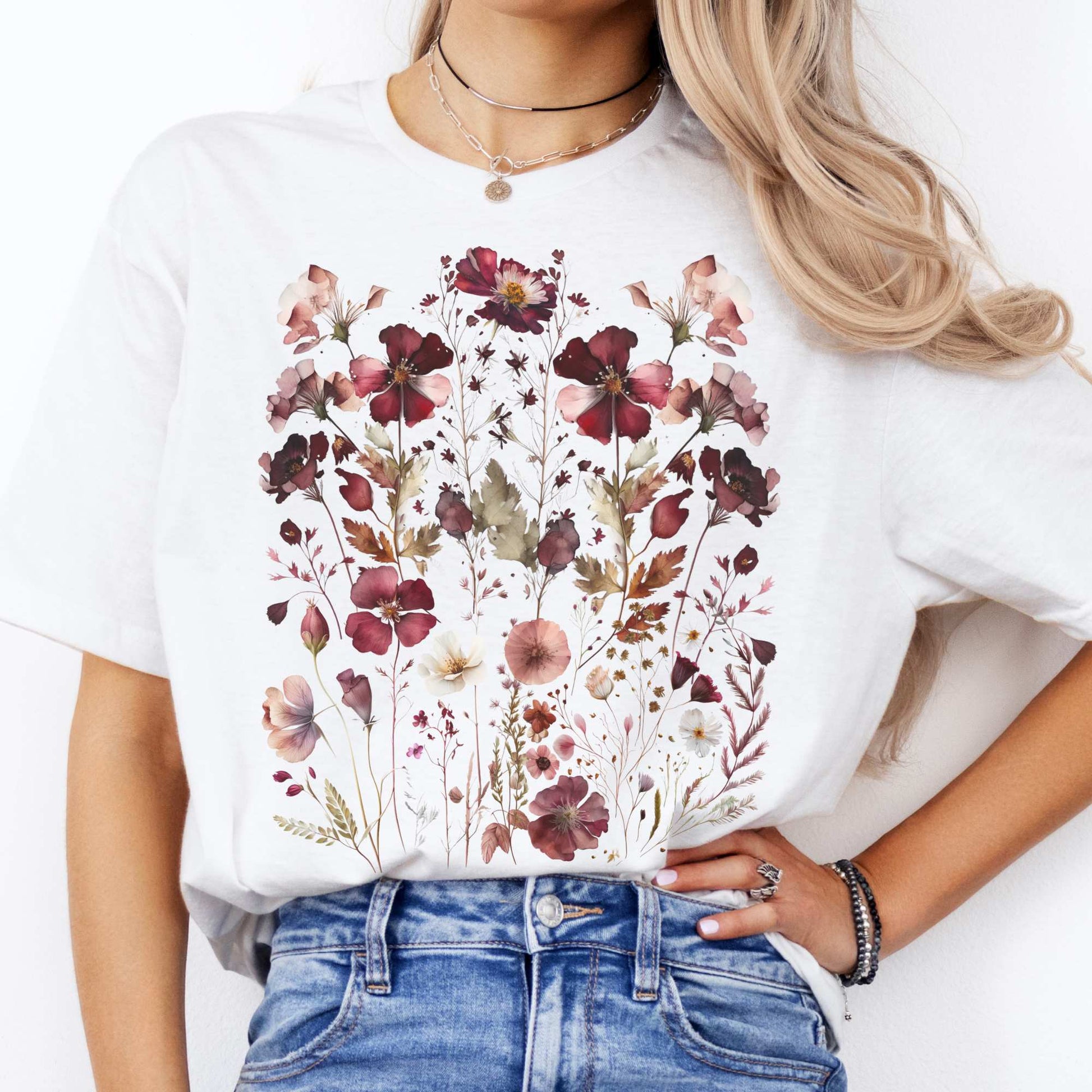 Maroon Pressed Flowers Shirt White / S T-Shirt The Mystic Eden Bookish Book Lovers