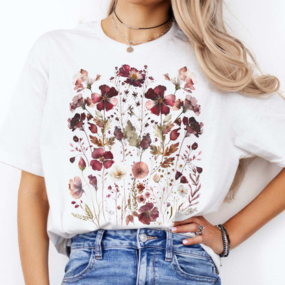 Maroon Pressed Flowers Shirt White / S T-Shirt The Mystic Eden Bookish Book Lovers