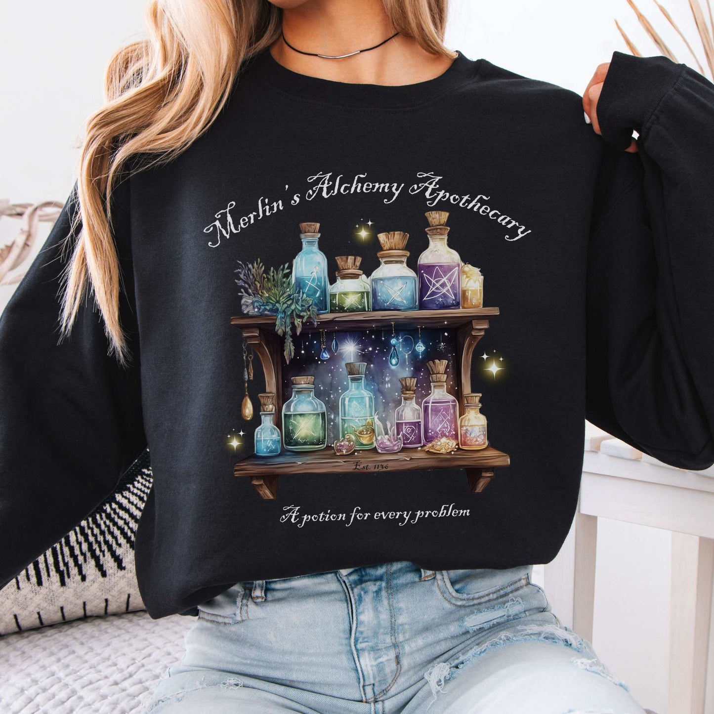 Merlin's Alchemy Apothecary Sweatshirt Black / S Sweatshirt The Mystic Eden Bookish Book Lovers