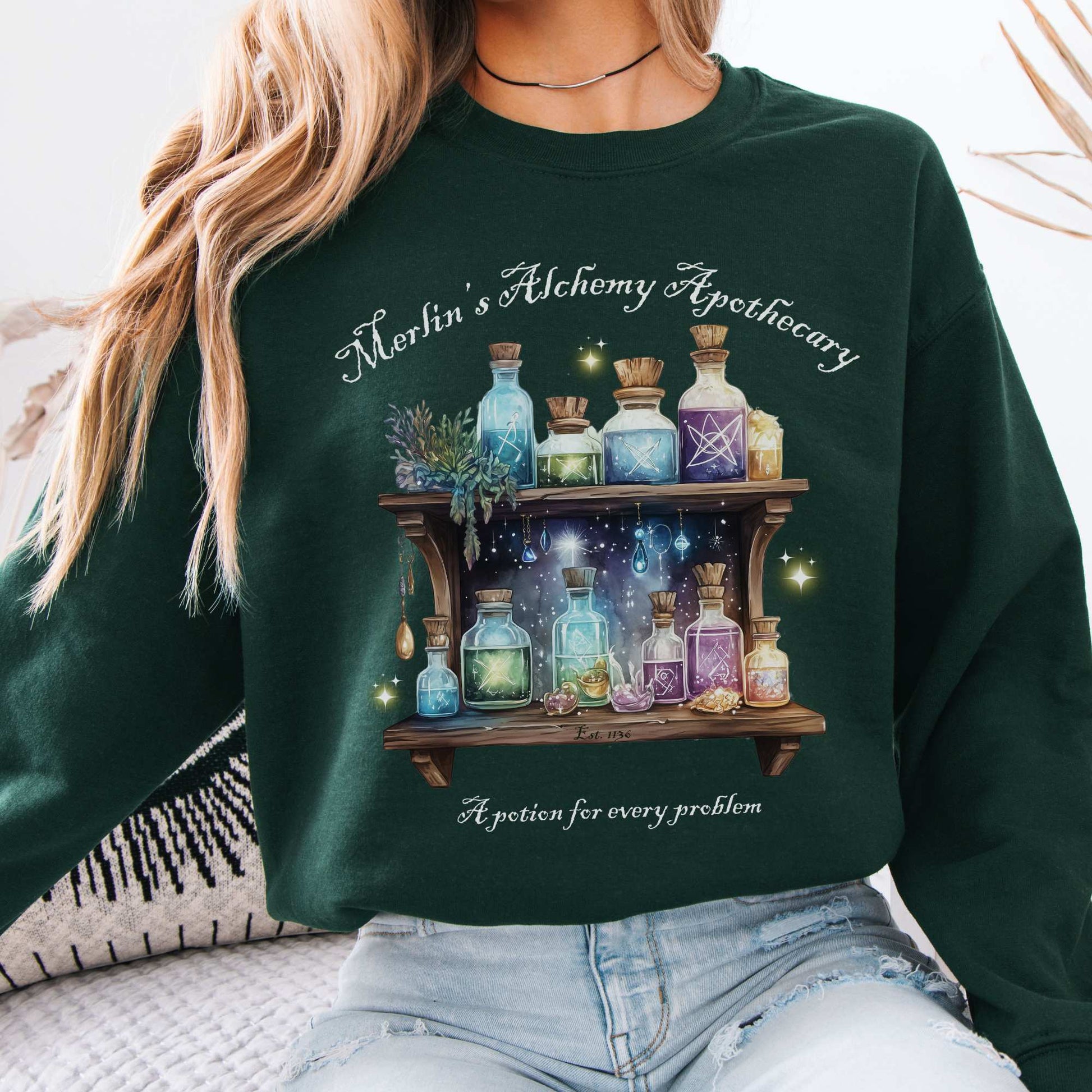 Merlin's Alchemy Apothecary Sweatshirt Forest Green / S Sweatshirt The Mystic Eden Bookish Book Lovers