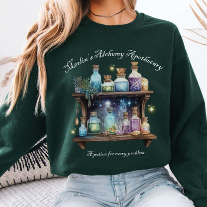 Merlin's Alchemy Apothecary Sweatshirt Forest Green / S Sweatshirt The Mystic Eden Bookish Book Lovers