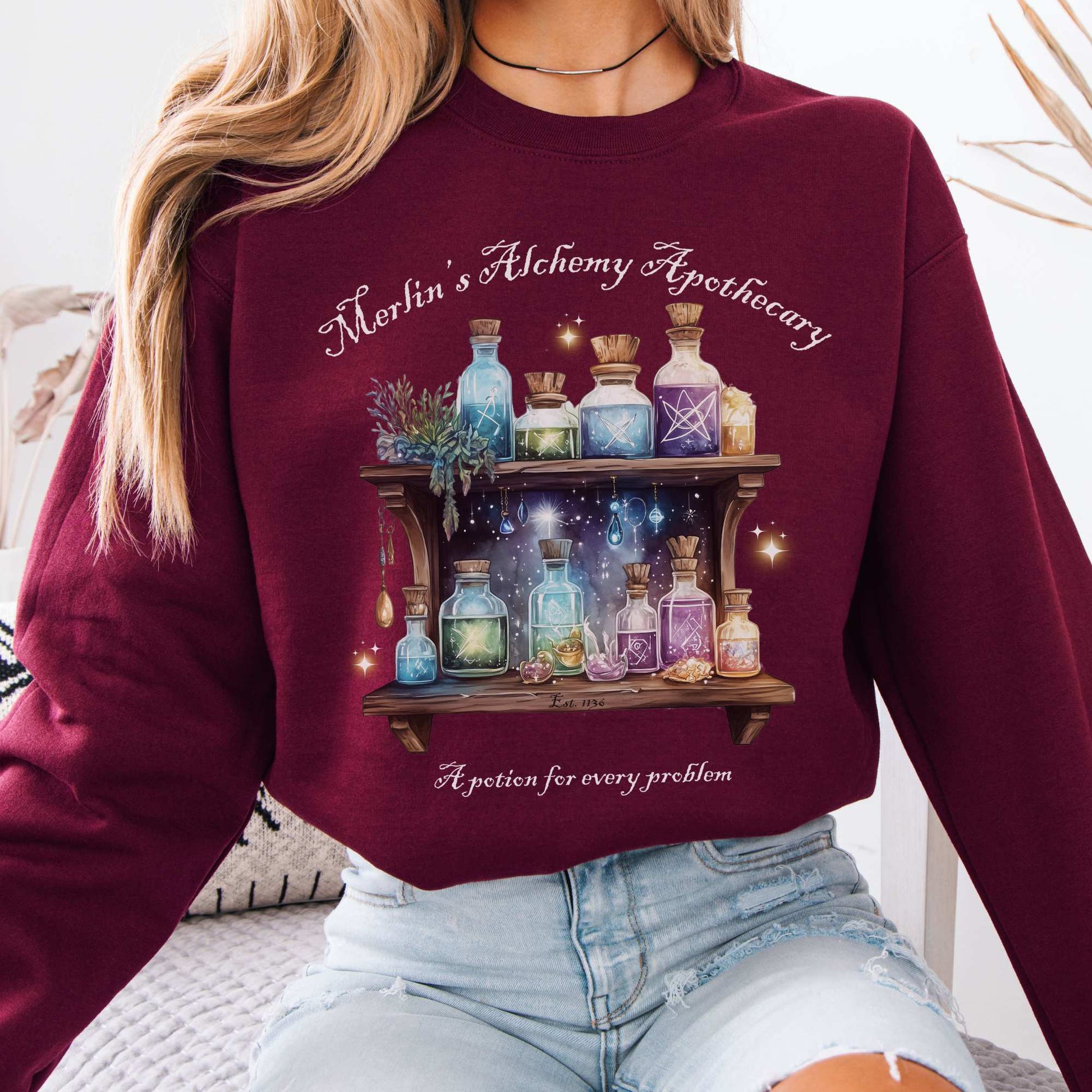 Merlin's Alchemy Apothecary Sweatshirt Maroon / S Sweatshirt The Mystic Eden Bookish Book Lovers