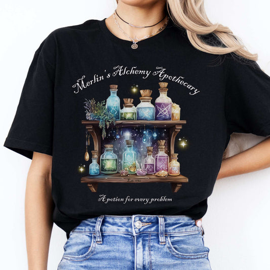 Merlin's Alchemy Apothecary Tee Black / S T-Shirt The Mystic Eden Bookish Book Lovers