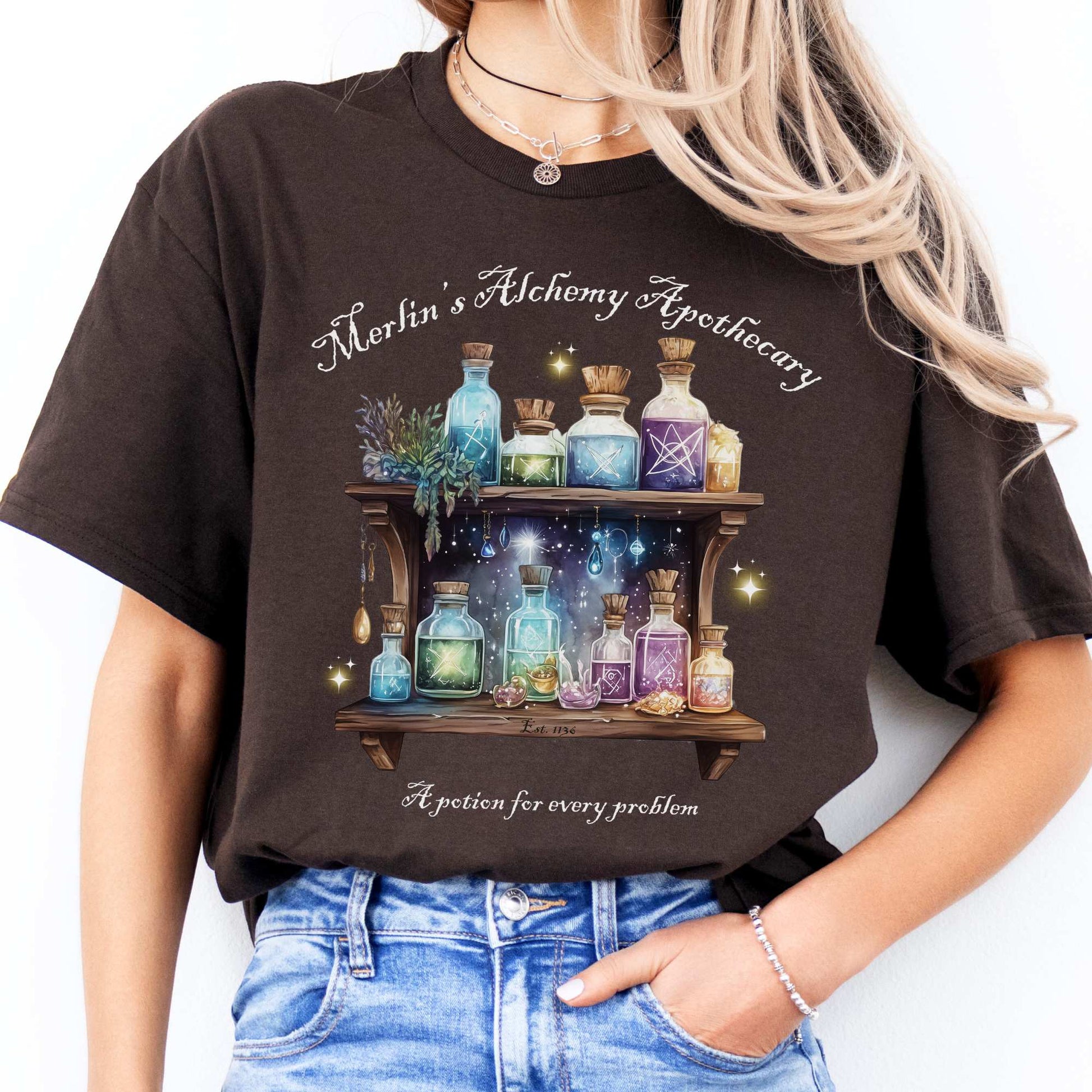 Merlin's Alchemy Apothecary Tee Dark Chocolate / S T-Shirt The Mystic Eden Bookish Book Lovers