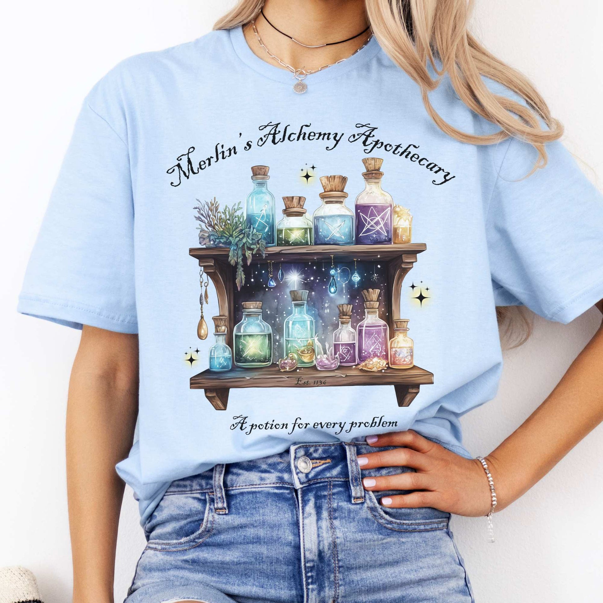 Merlin's Alchemy Apothecary Tee Light Blue / S T-Shirt The Mystic Eden Bookish Book Lovers