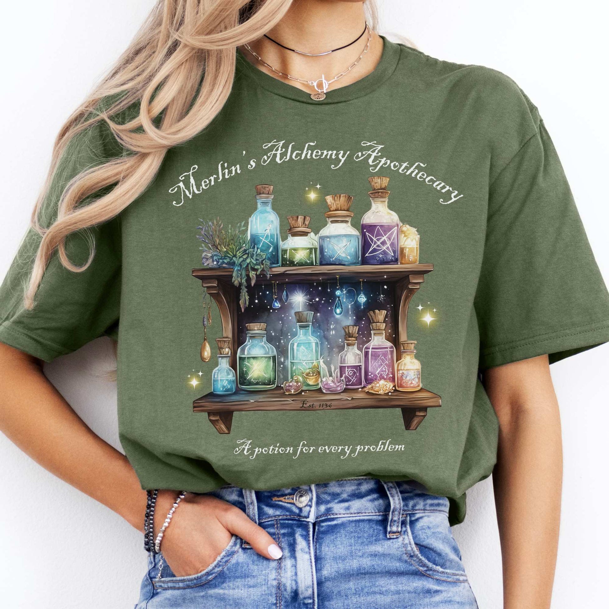 Merlin's Alchemy Apothecary Tee Military Green / S T-Shirt The Mystic Eden Bookish Book Lovers