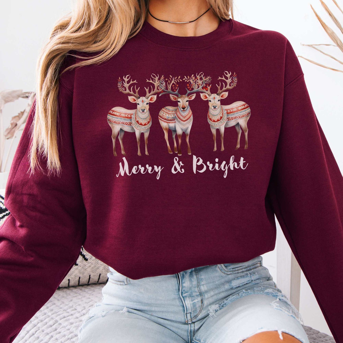 Merry and Bright Christmas Sweatshirt Maroon / S Sweatshirt The Mystic Eden Bookish Book Lovers