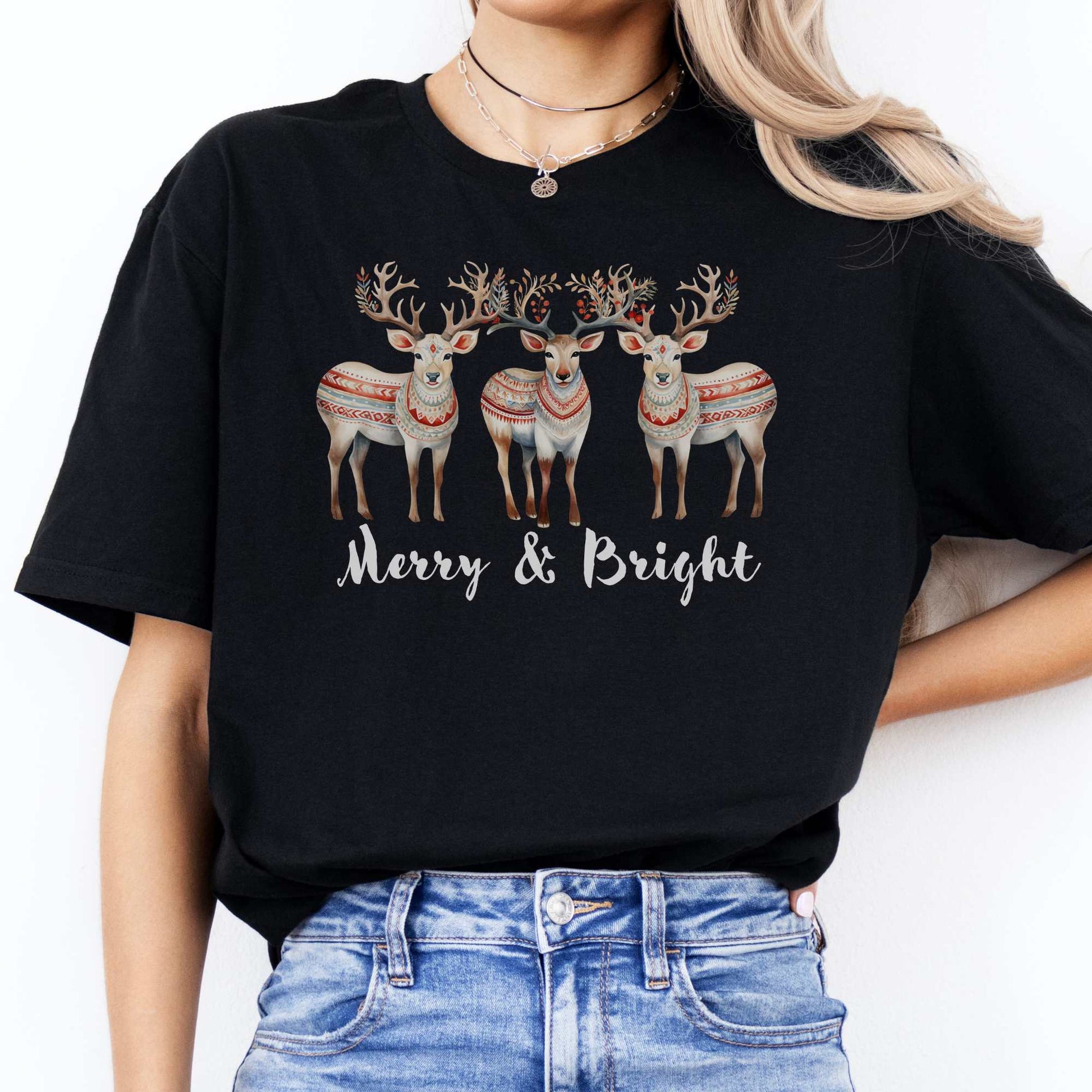 Merry and Bright Reindeer Christmas Tee Black / S T-Shirt The Mystic Eden Bookish Book Lovers