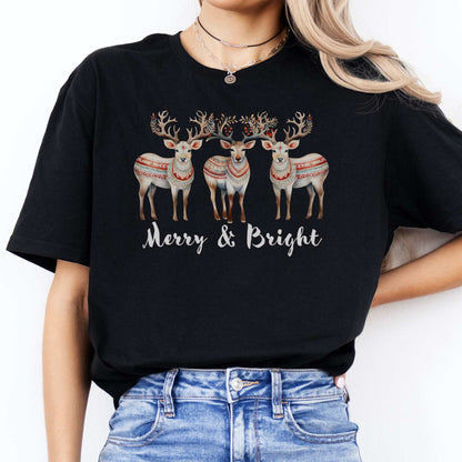Merry and Bright Reindeer Christmas Tee Black / S T-Shirt The Mystic Eden Bookish Book Lovers
