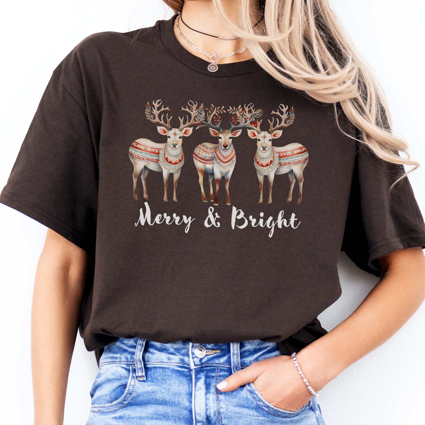 Merry and Bright Reindeer Christmas Tee Dark Chocolate / S T-Shirt The Mystic Eden Bookish Book Lovers