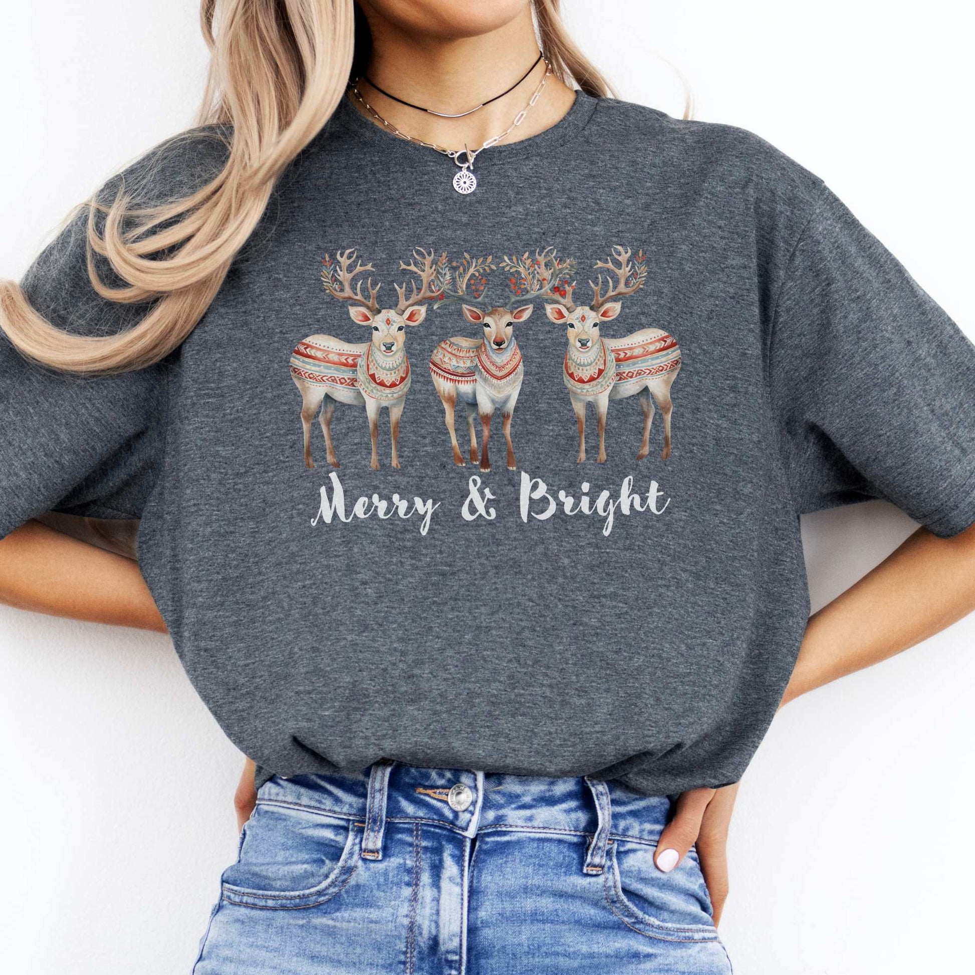 Merry and Bright Reindeer Christmas Tee Dark Heather / S T-Shirt The Mystic Eden Bookish Book Lovers