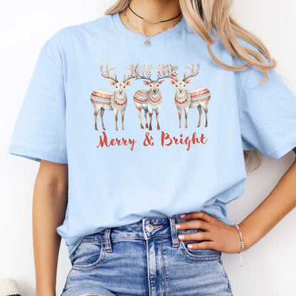 Merry and Bright Reindeer Christmas Tee Light Blue / S T-Shirt The Mystic Eden Bookish Book Lovers