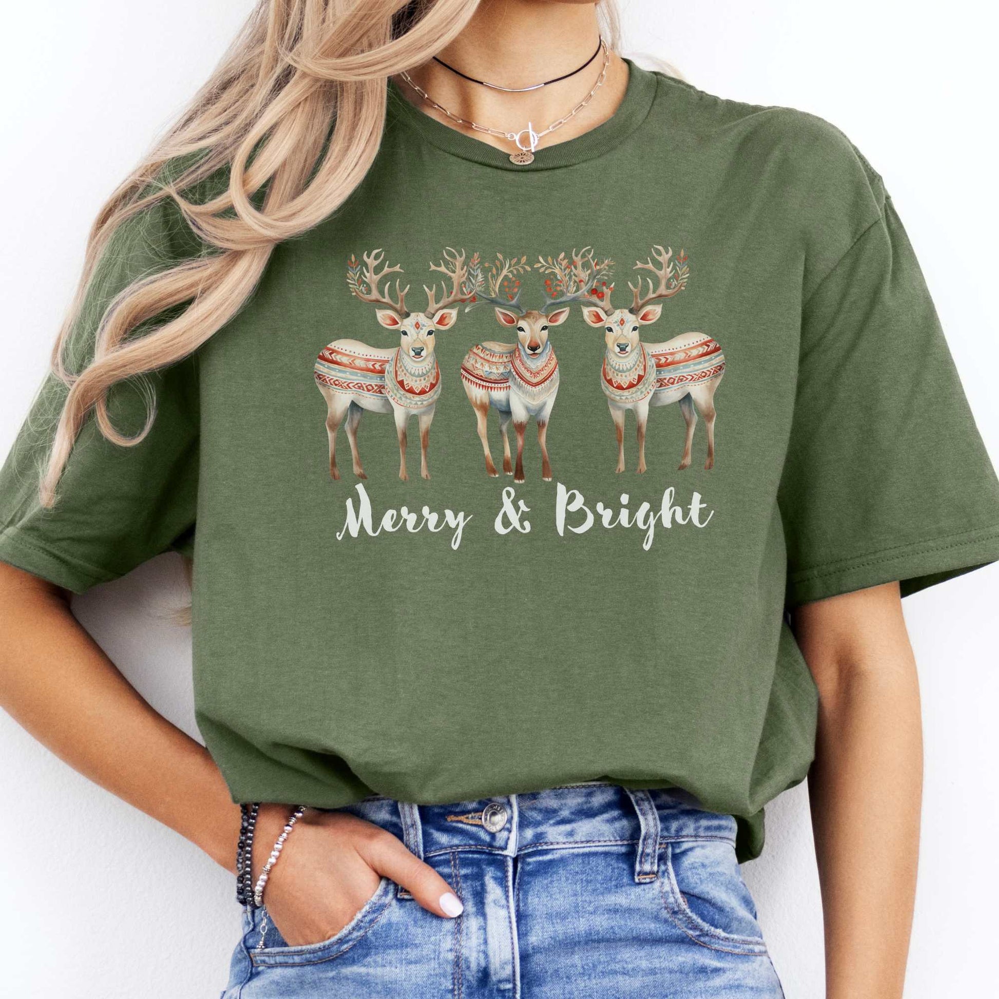 Merry and Bright Reindeer Christmas Tee Military Green / S T-Shirt The Mystic Eden Bookish Book Lovers