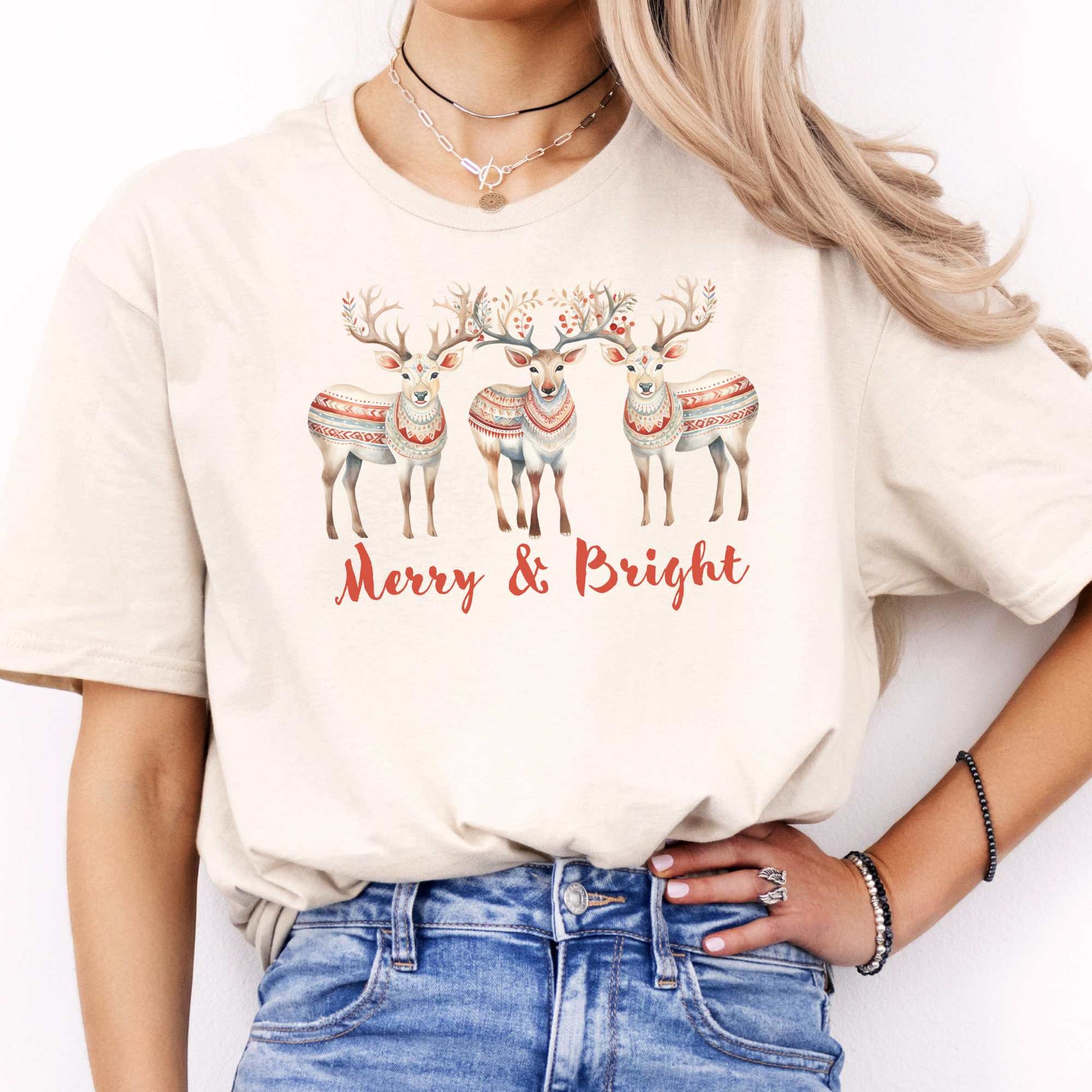 Merry and Bright Reindeer Christmas Tee Natural / S T-Shirt The Mystic Eden Bookish Book Lovers