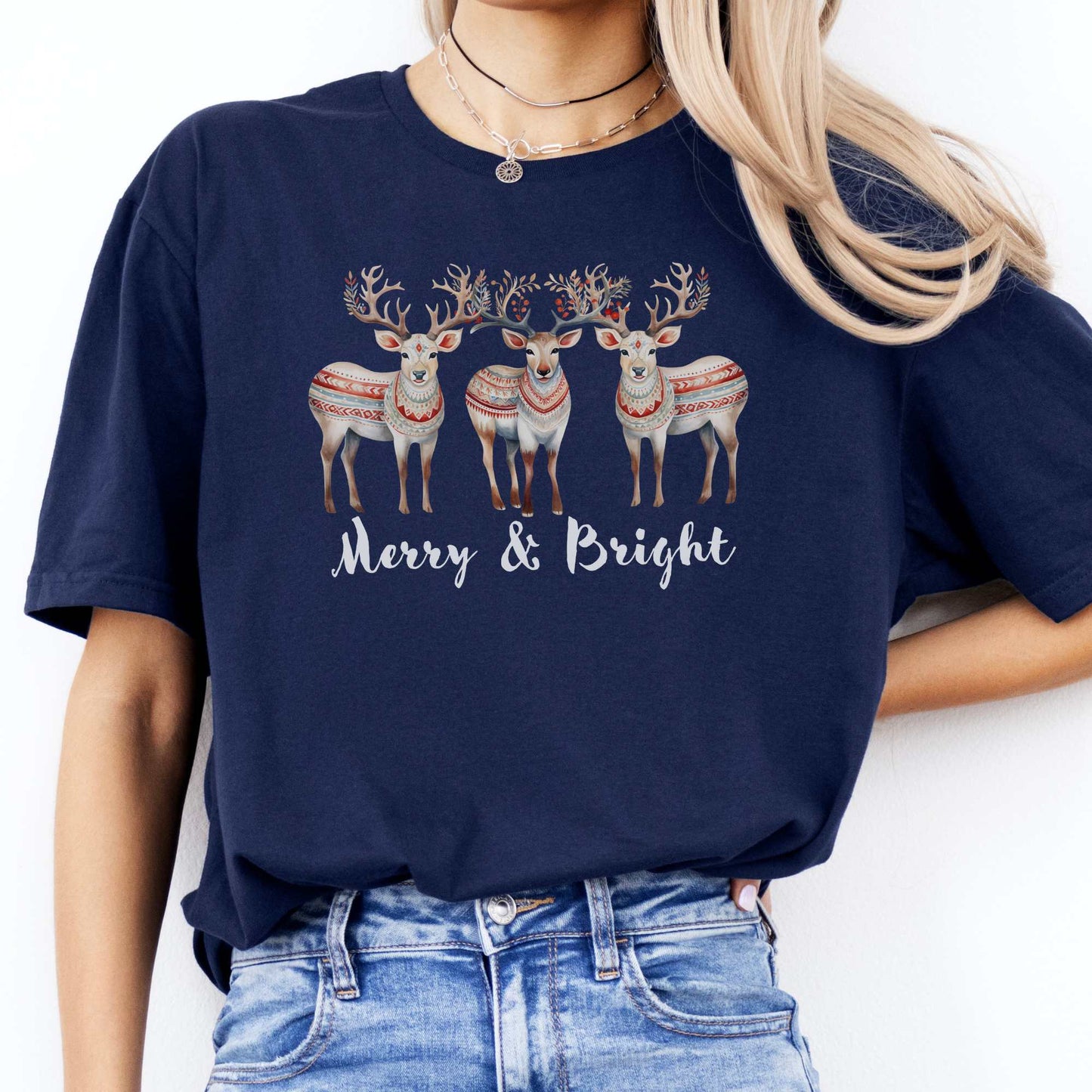 Merry and Bright Reindeer Christmas Tee Navy / S T-Shirt The Mystic Eden Bookish Book Lovers