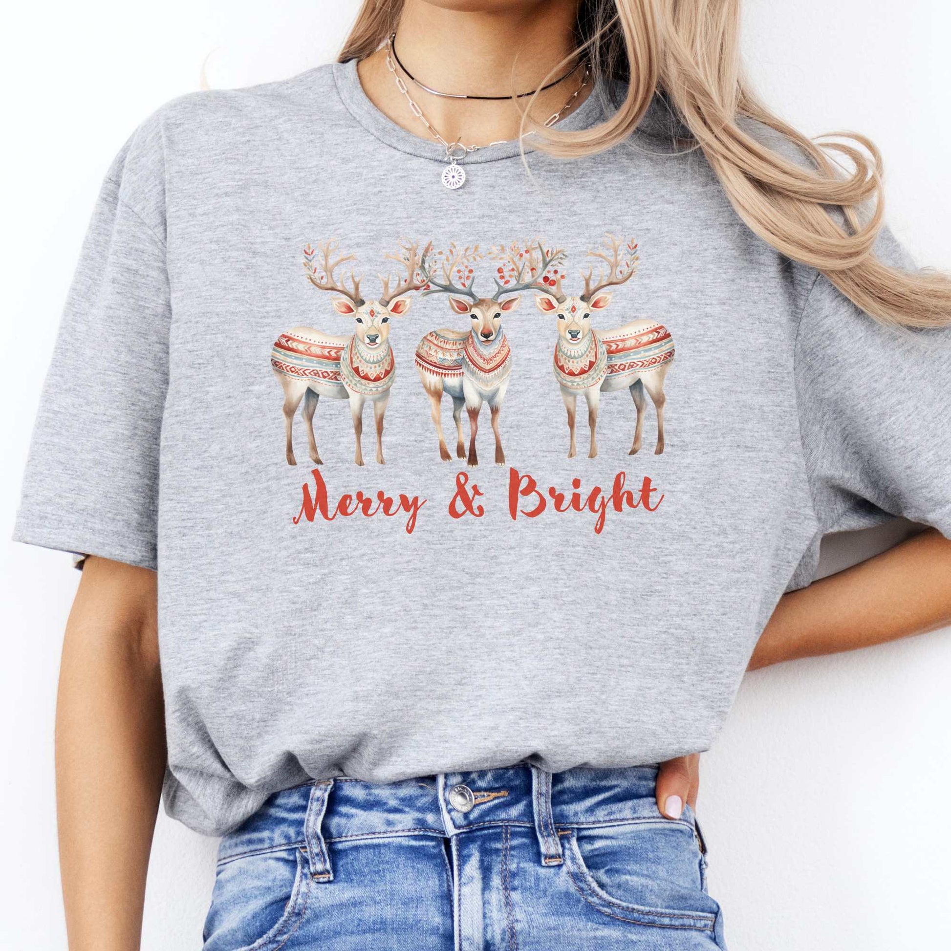 Merry and Bright Reindeer Christmas Tee Sport Grey / S T-Shirt The Mystic Eden Bookish Book Lovers