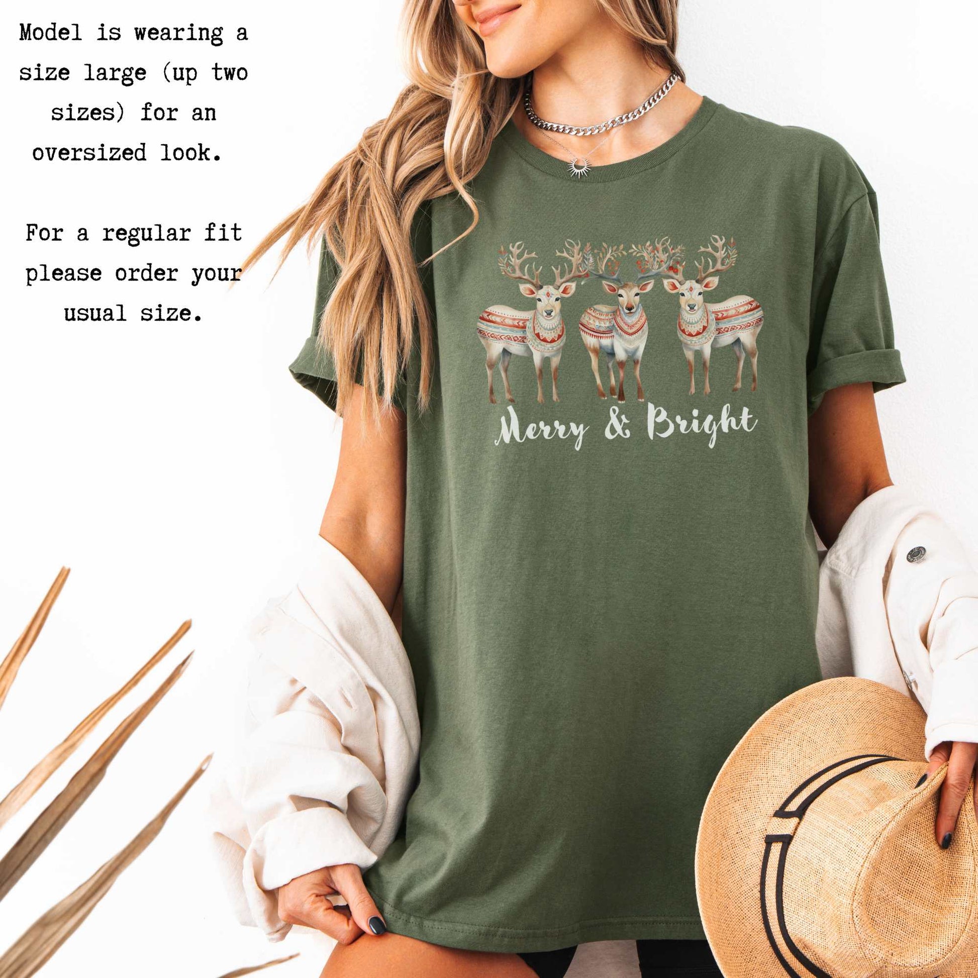 Merry and Bright Reindeer Christmas Tee T-Shirt The Mystic Eden Bookish Book Lovers