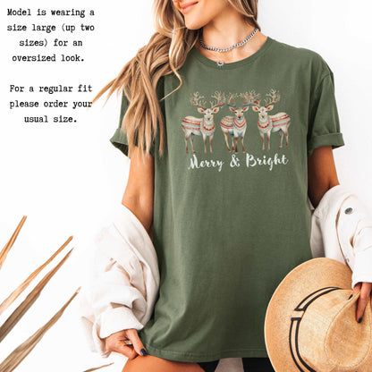 Merry and Bright Reindeer Christmas Tee T-Shirt The Mystic Eden Bookish Book Lovers