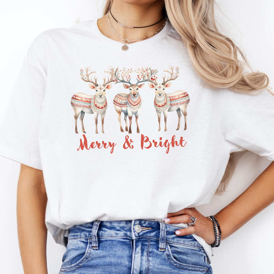 Merry and Bright Reindeer Christmas Tee White / S T-Shirt The Mystic Eden Bookish Book Lovers