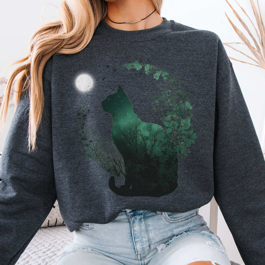 Midnight Cat in the Forest Sweatshirt Dark Heather / S Sweatshirt The Mystic Eden Bookish Book Lovers