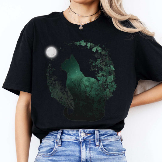 Midnight Cat in the Forest T-Shirt Black / S T-Shirt The Mystic Eden Bookish Book Lovers