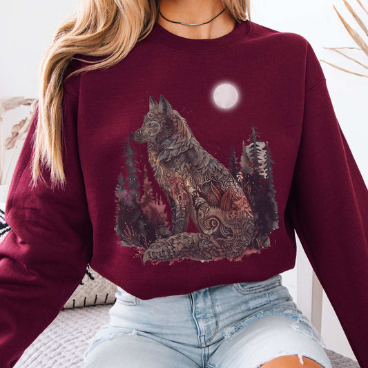Moonlit Mystical Wolf Sweatshirt Maroon / S Sweatshirt The Mystic Eden Bookish Book Lovers