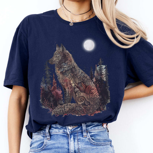 Moonlit Mystical Wolf T-Shirt Navy / S T-Shirt The Mystic Eden Bookish Book Lovers