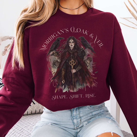 Morrigan's Cloak & Veil Sweatshirt – Celtic Goddess Sweater Maroon / S Sweatshirt The Mystic Eden Bookish Book Lovers