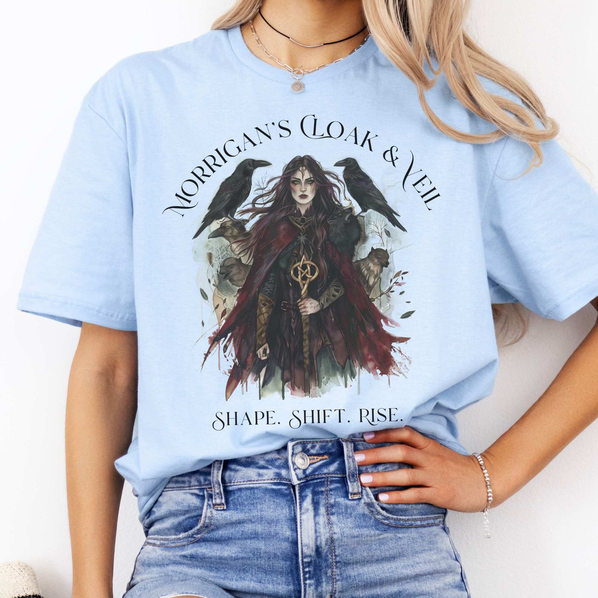 Morrigan's Cloak & Veil T-Shirt – Celtic Goddess Tee Light Blue / S T-Shirt The Mystic Eden Bookish Book Lovers
